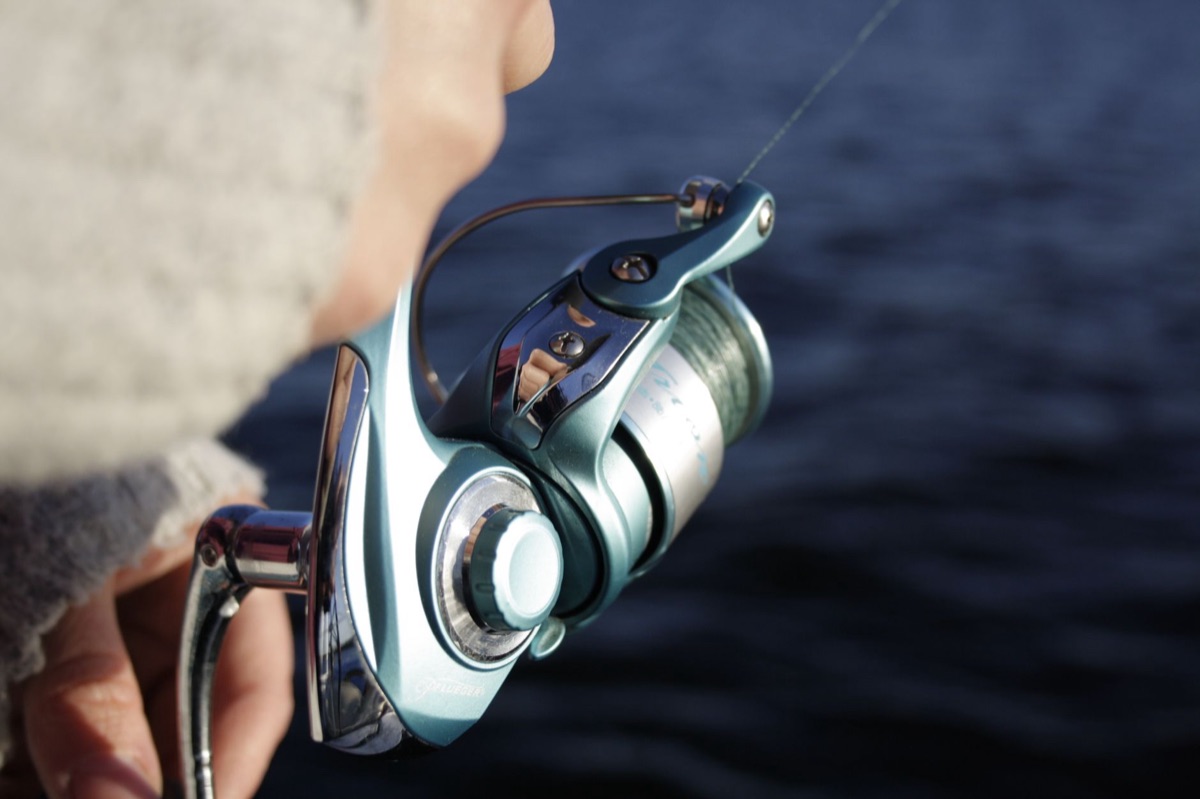 Spin fishing gear setup in freshwater environment