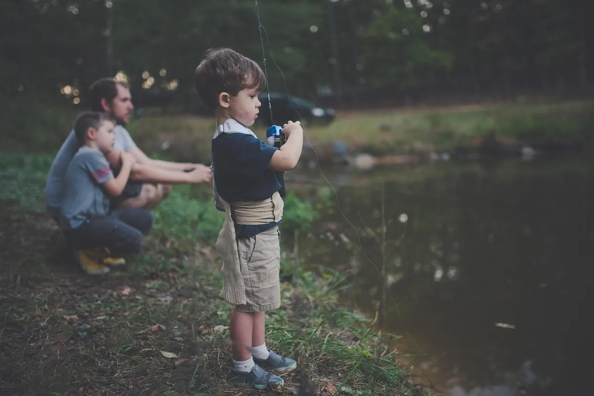 bonding, boy, children, enjoyment, father, fishing, fishing rod, fishing trip, fun, grass, happiness, lake, landscape, leisure, lifestyle, outdoors, park, peopl