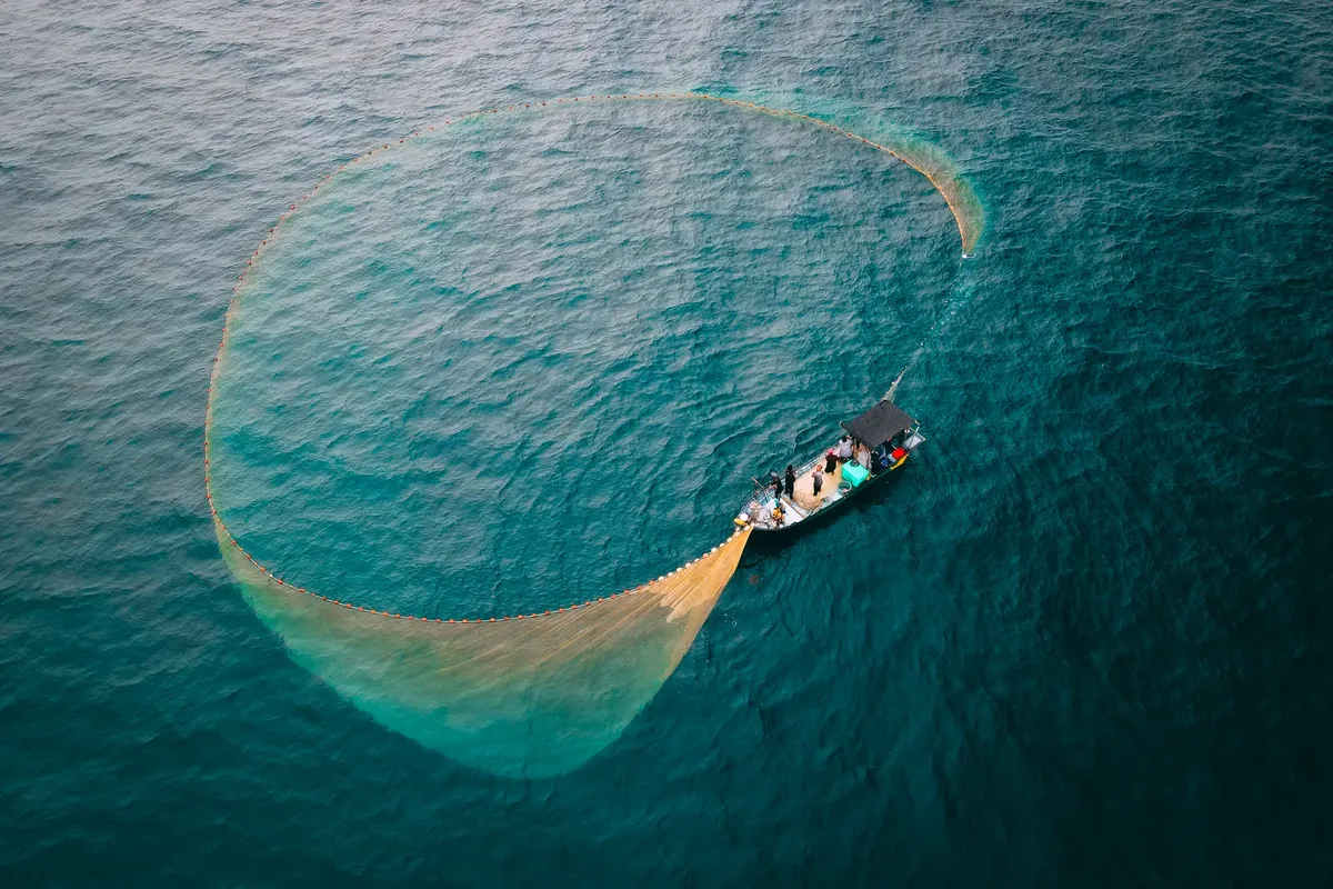 Aerial shot of a fishing boat deploying a large net in the open sea, showcasing traditional fishing methods.