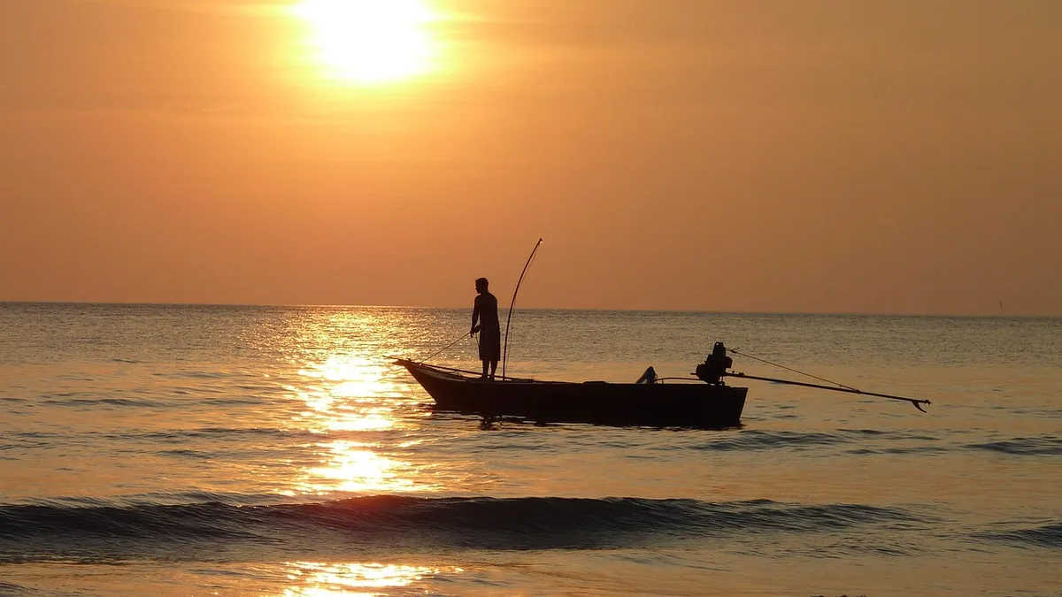 fishing, sea, sunset, ocean, fisherman, boat, nature, fishing boat, silhouette, orange sky, sun, sunlight, sun reflection, water reflection, horizon, scenery, t