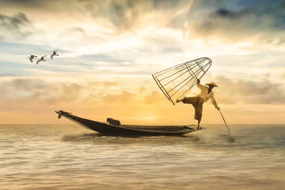 fisherman, fishing boat, boat, fishing, sea, water, nature background, lake, fishing net, sky, sunset, clouds, mood, abendstimmung, evening sky, nature, silent,