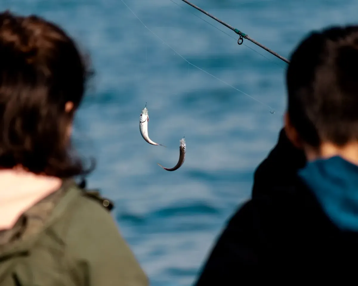 Two children fishing by the sea, focusing on fish caught on the line. Sunny day, ocean background.