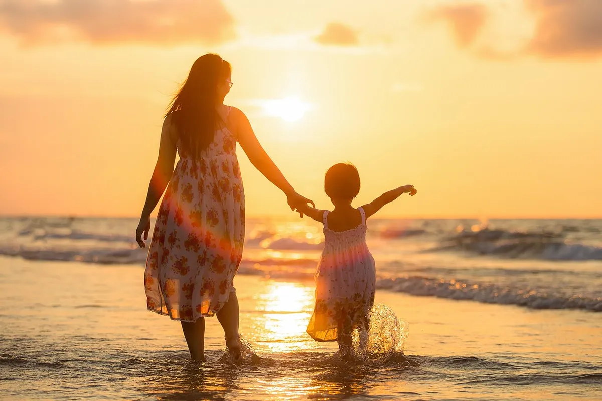 adult, mother, daughter, beach, kids, children, evening, family, girl, parent, people, sea, thailand, woman, nature, waves, mom, mum, golden light, happy mother