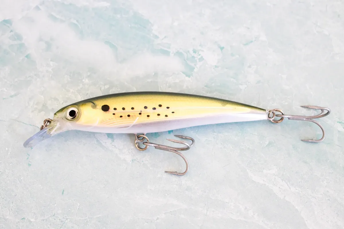 Close-up of a detailed fish-shaped fishing lure on a textured white background.