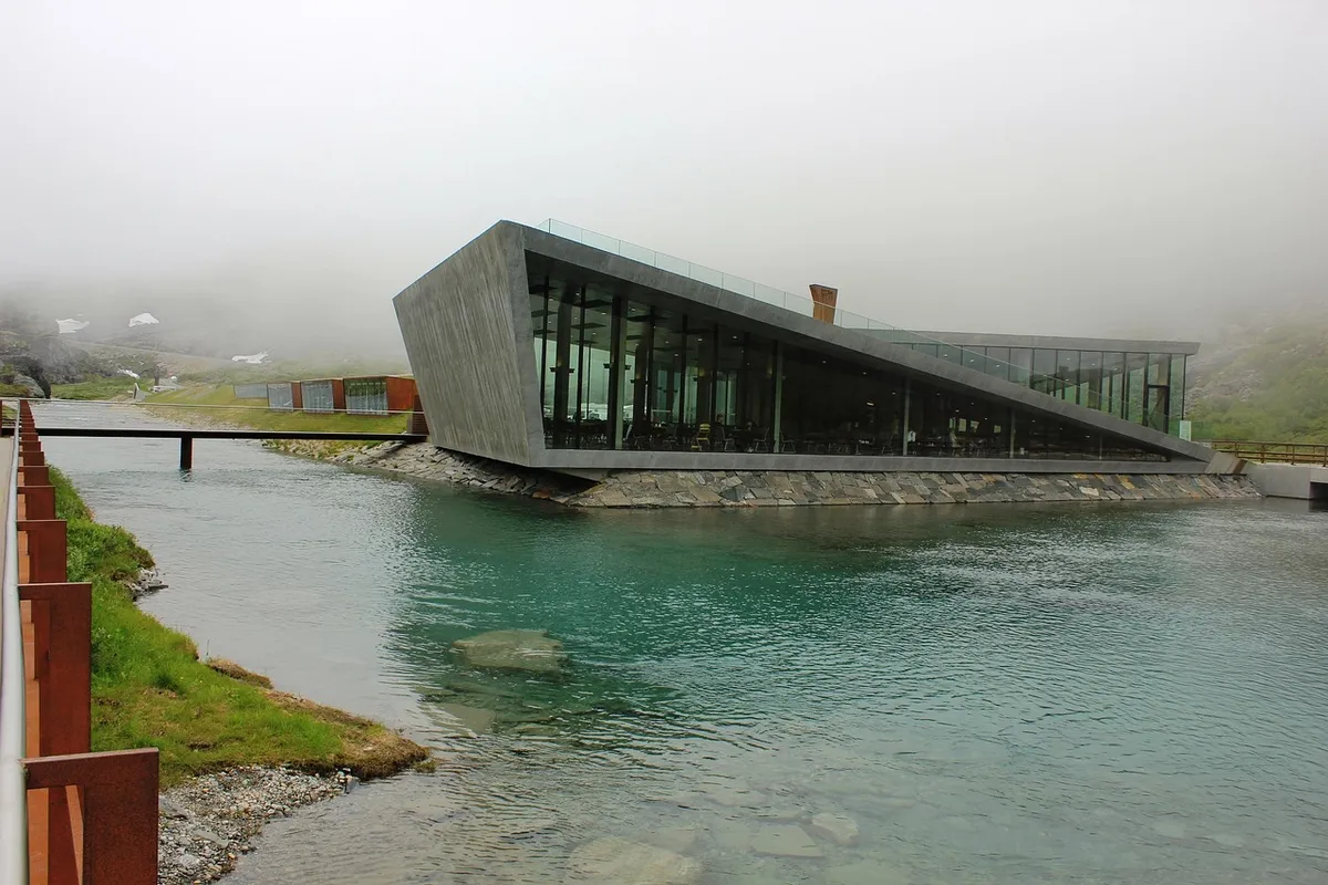 modern architecture, trolling, nature, norway, water, waterfall